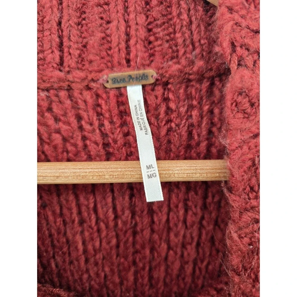 Free People Poncho Sweater Womens M/L Red Tan Fair Isle Fringe Mock Neck Boho